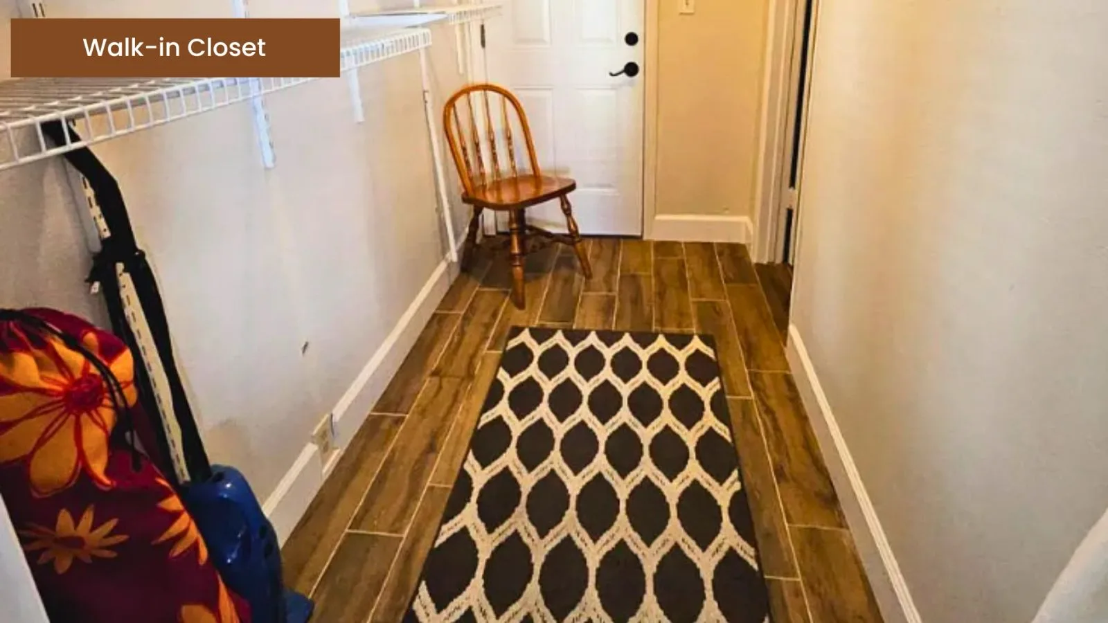 Walk-in closet with shelving and a runner rug